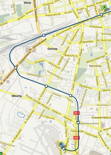 Карта маршрута поездов в аэропорт Шопен
