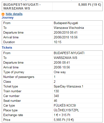 Билет на поезд Будапешт-Варшава