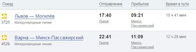 Расписание поезда Львов - Минск