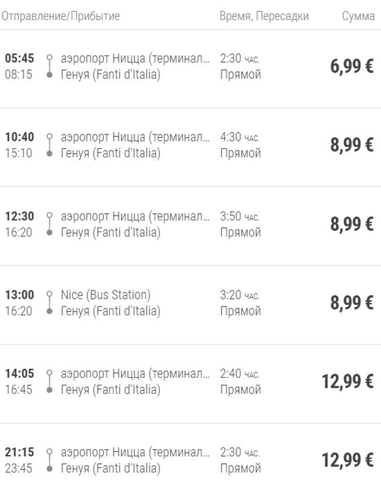 Расписание автобуса Ницца - Генуя