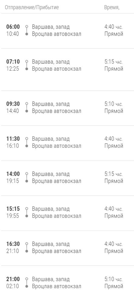 Расписание автобусов Варшава - Вроцлав