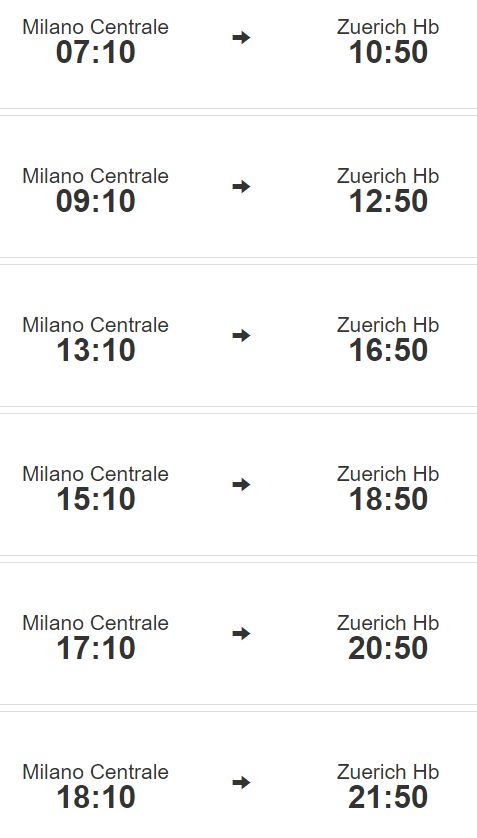 Расписание поезда Милан - Цюрих